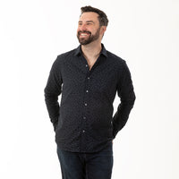 "GOODEN" - Tonal Navy Japanese Dragonfly Print Long Sleeve Shirt - Made In USA
