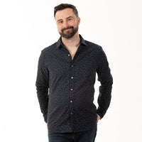 "GOODEN" - Tonal Navy Japanese Dragonfly Print Long Sleeve Shirt - Made In USA