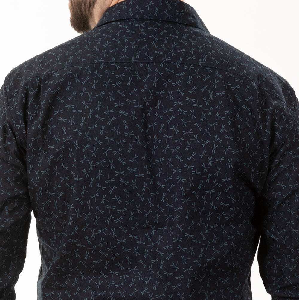 "GOODEN" - Tonal Navy Japanese Dragonfly Print Long Sleeve Shirt - Made In USA