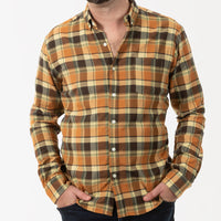 "RICHIE" - Golden Flax, Copper & Chocoalte Plaid Brushed Cotton Shirt - Made In USA