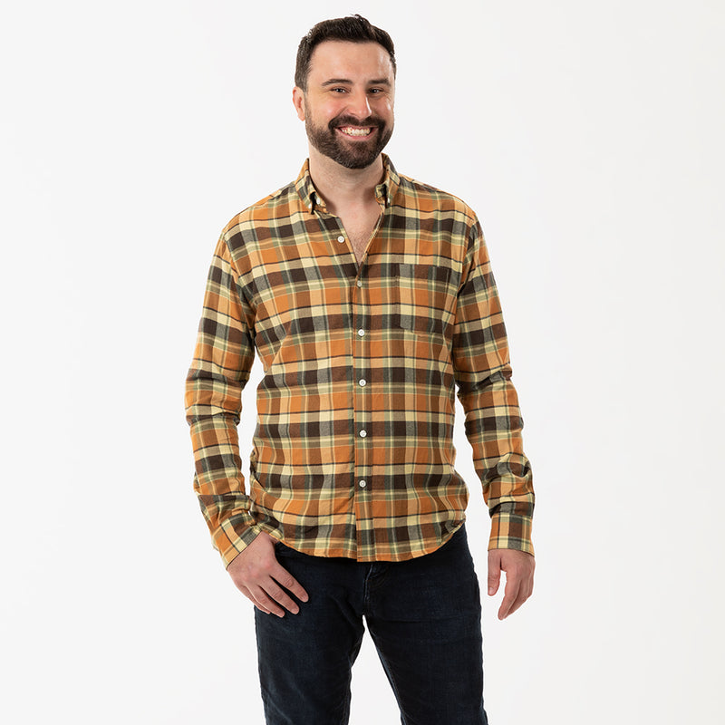 40% OFF AFTER CODE WOW25: "RICHIE" - Golden Flax, Copper & Chocoalte Plaid Brushed Cotton Shirt - Made In USA