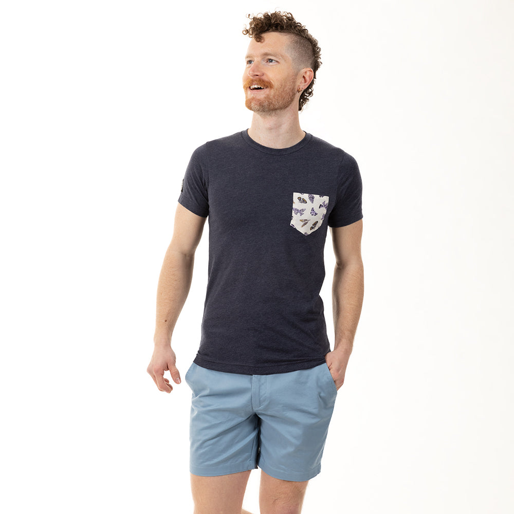 Navy Heather With Butterfly Print Pocket Tee