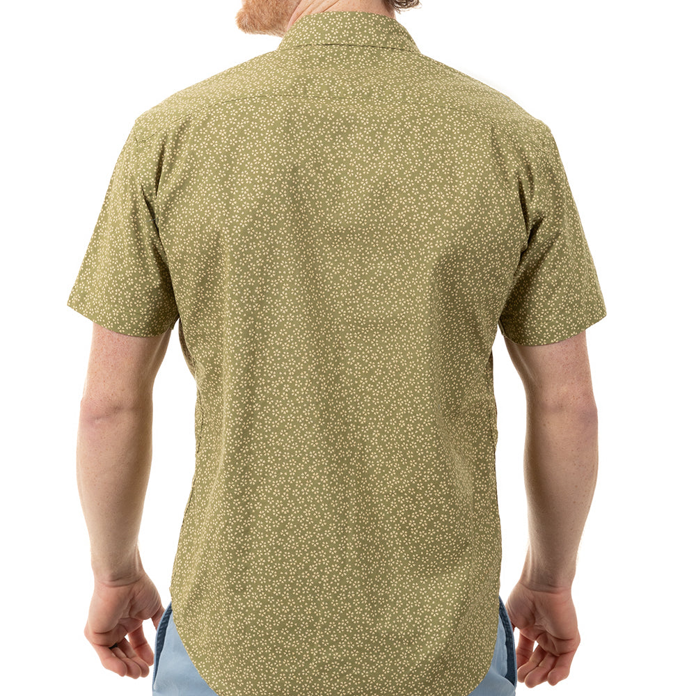 40% OFF AFTER CODE NEWFALL: "WALLY" - Avocado Green Traditional Japanese Mini Floral Print Short Sleeve Shirt - Made In USA