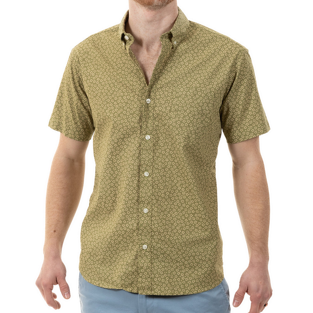 40% OFF AFTER CODE NEWFALL: "WALLY" - Avocado Green Traditional Japanese Mini Floral Print Short Sleeve Shirt - Made In USA