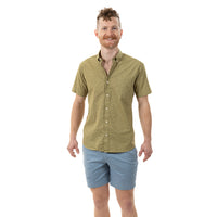 40% OFF AFTER CODE NEWFALL: "WALLY" - Avocado Green Traditional Japanese Mini Floral Print Short Sleeve Shirt - Made In USA