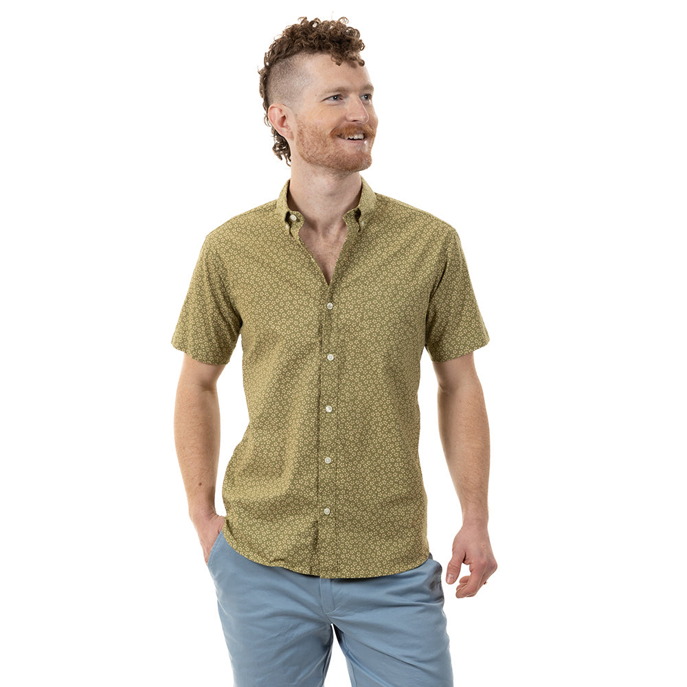 40% OFF AFTER CODE NEWFALL: "WALLY" - Avocado Green Traditional Japanese Mini Floral Print Short Sleeve Shirt - Made In USA
