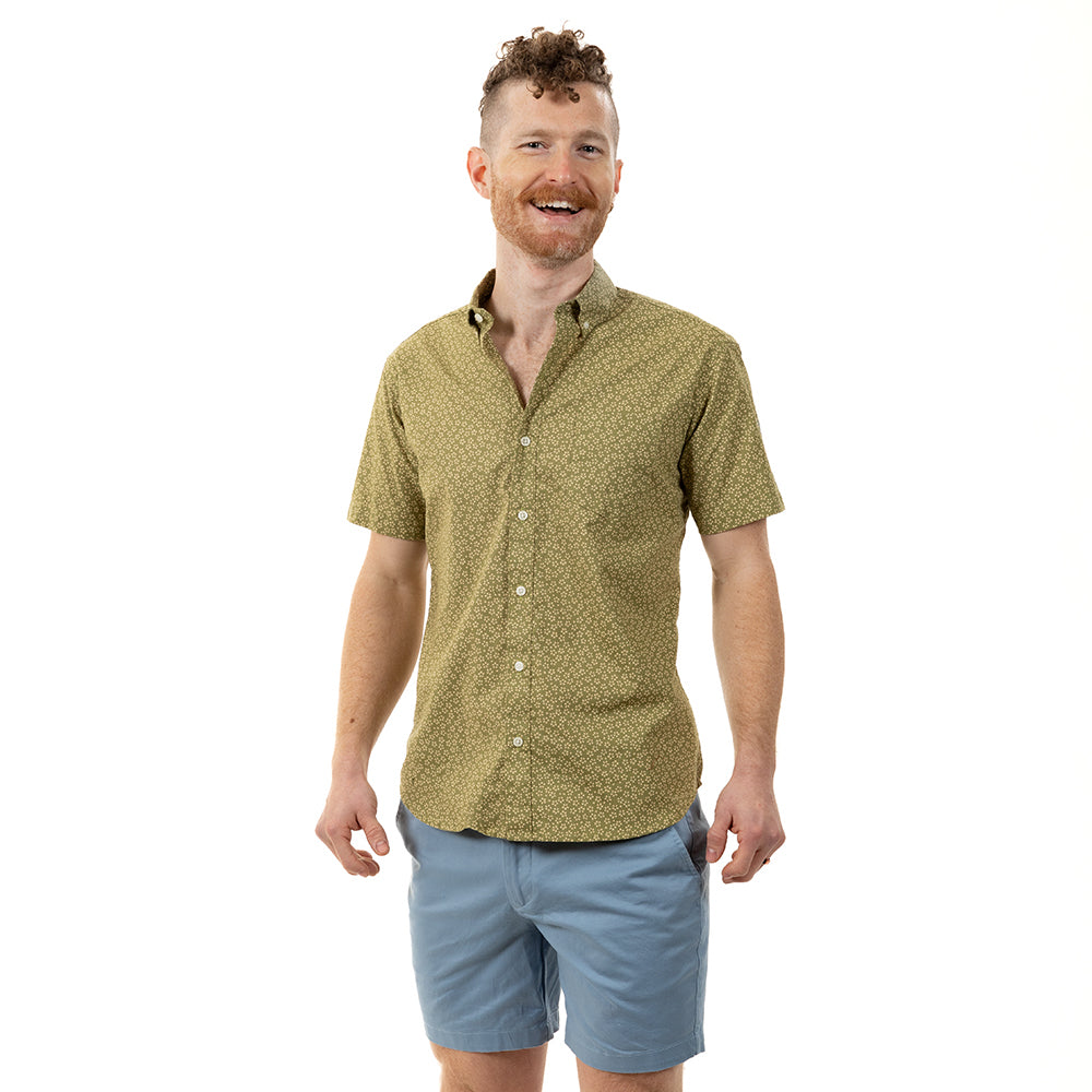 40% OFF AFTER CODE NEWFALL: "WALLY" - Avocado Green Traditional Japanese Mini Floral Print Short Sleeve Shirt - Made In USA