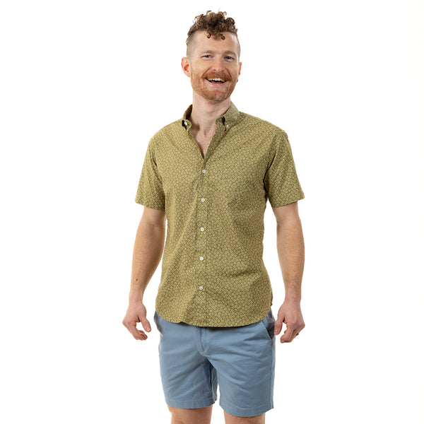 40% OFF AFTER CODE NEWFALL: "WALLY" - Avocado Green Traditional Japanese Mini Floral Print Short Sleeve Shirt - Made In USA