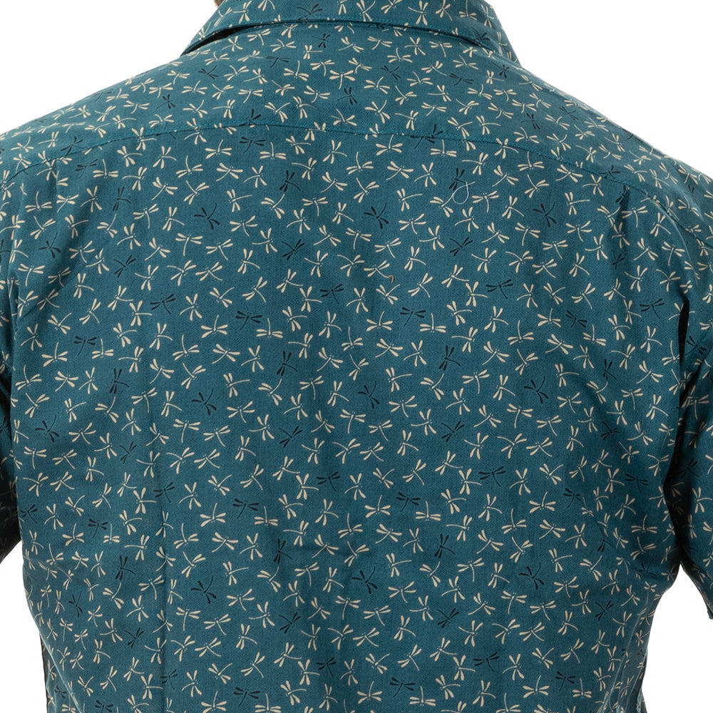 TEDDY Short Sleeve Shirt in Teal Green Japanese Dragonfly Print