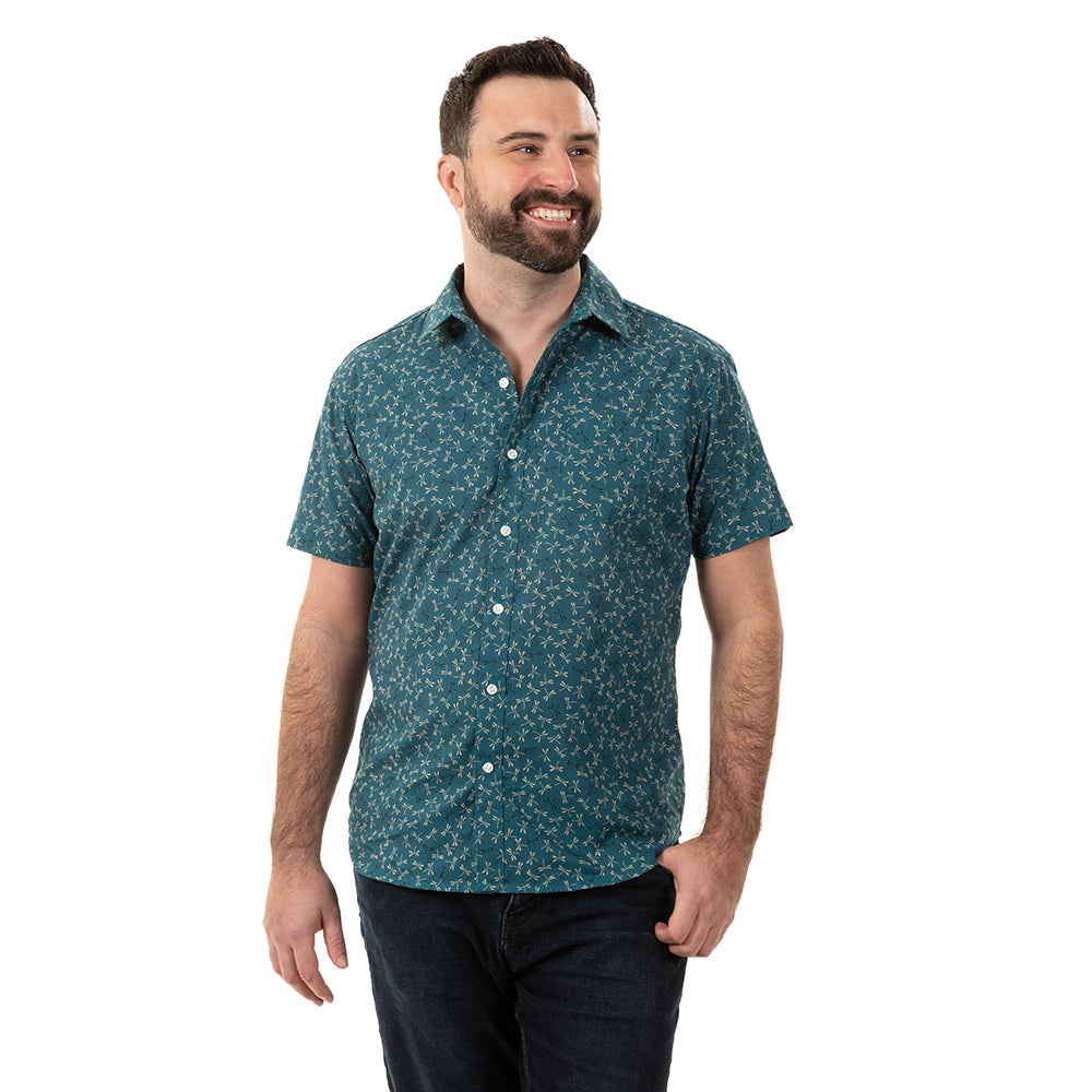 "TEDDY" - Teal Green  Japanese Dragonfly Print Short Sleeve Shirt - Made In USA