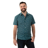 "TEDDY" - Teal Green  Japanese Dragonfly Print Short Sleeve Shirt - Made In USA