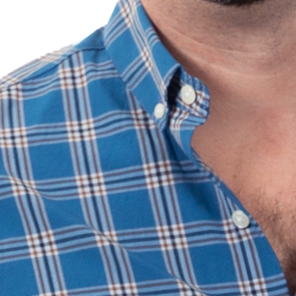 40% OFF AFTER CODE: CRAZY30 30% OFF AFTER CODE WOW25: "KINER" - Blue, White with Caramel Accent Plaid Cotton Poplin Shirt - Made In USA