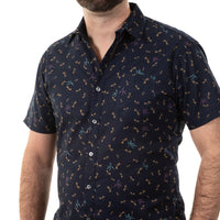 "PIERRE" - Navy Blue Japanese Dragonfly Print Short Sleeve Shirt - Made In USA