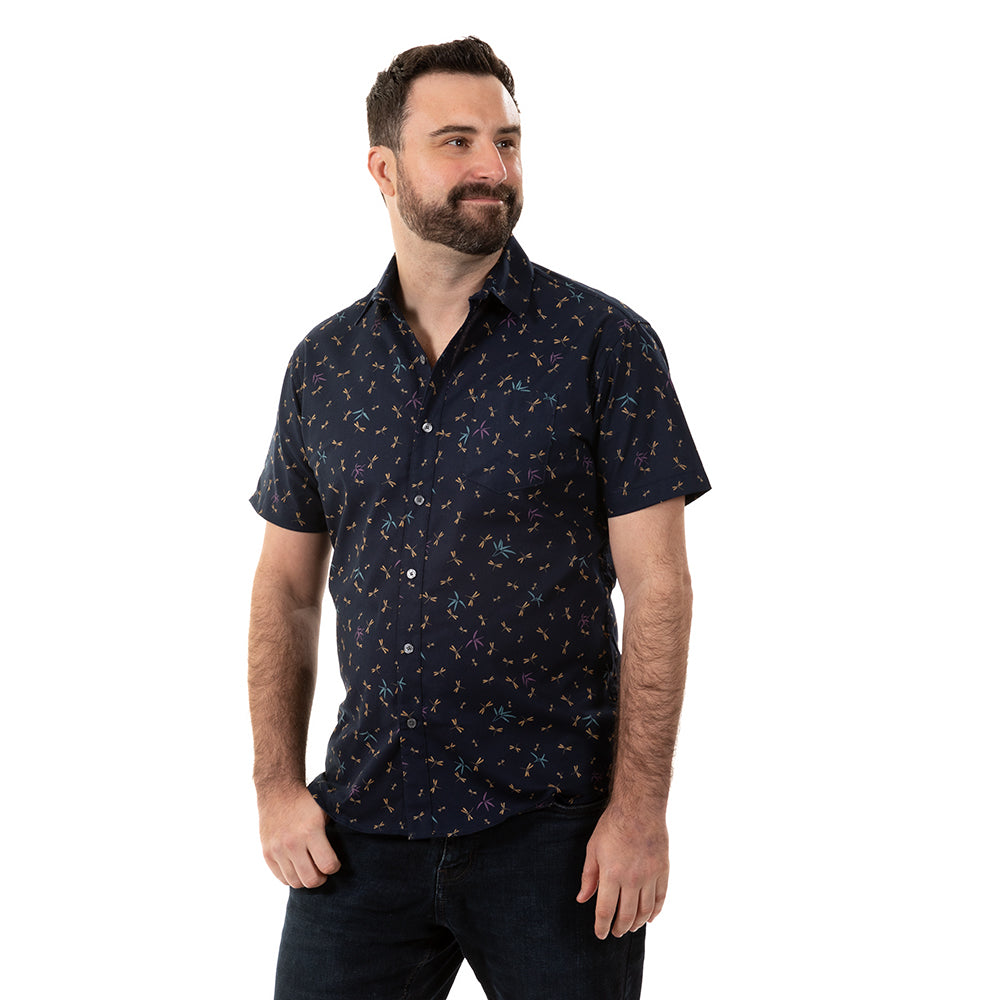 "PIERRE" - Navy Blue Japanese Dragonfly Print Short Sleeve Shirt - Made In USA