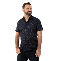 "PIERRE" - Navy Blue Japanese Dragonfly Print Short Sleeve Shirt - Made In USA