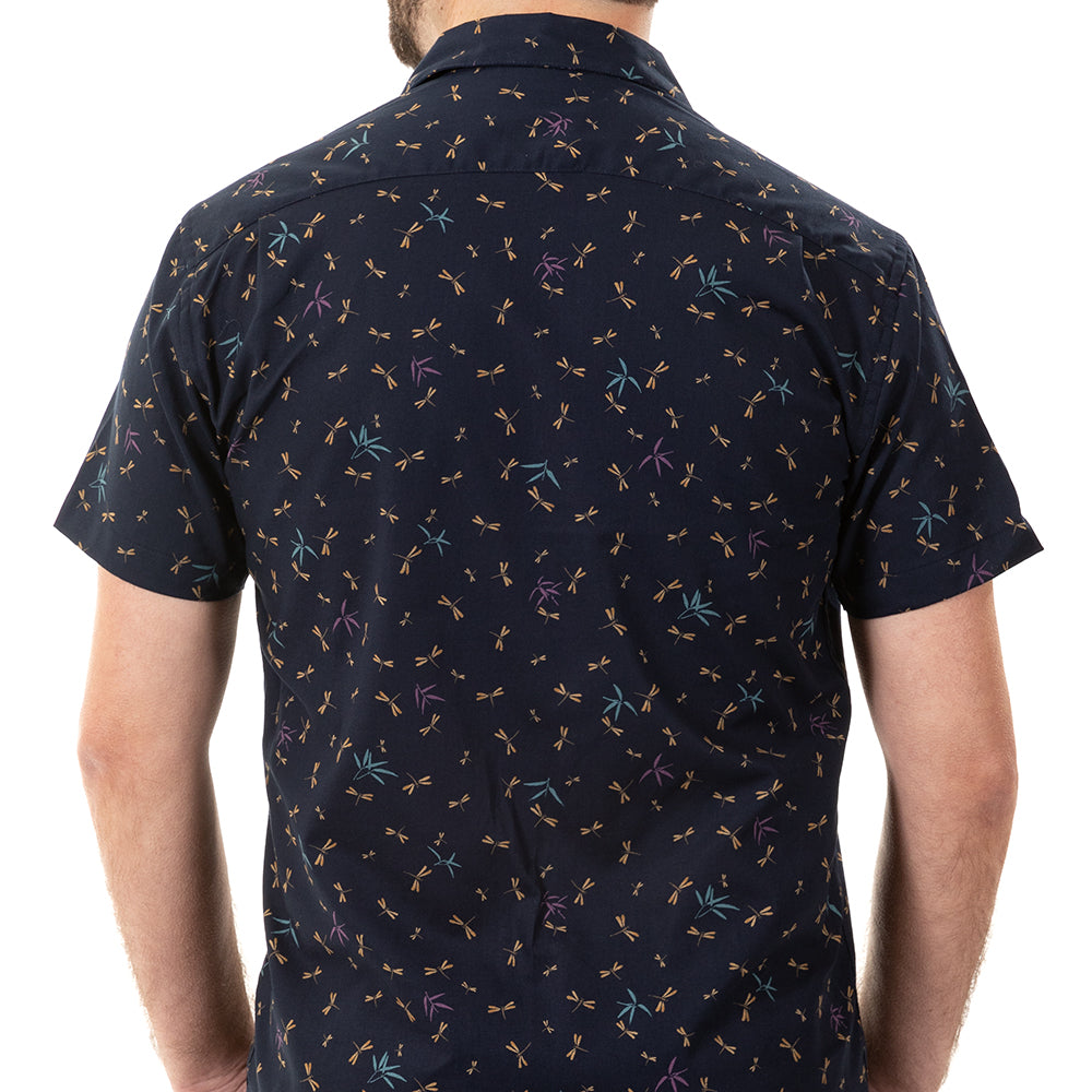 "PIERRE" - Navy Blue Japanese Dragonfly Print Short Sleeve Shirt - Made In USA