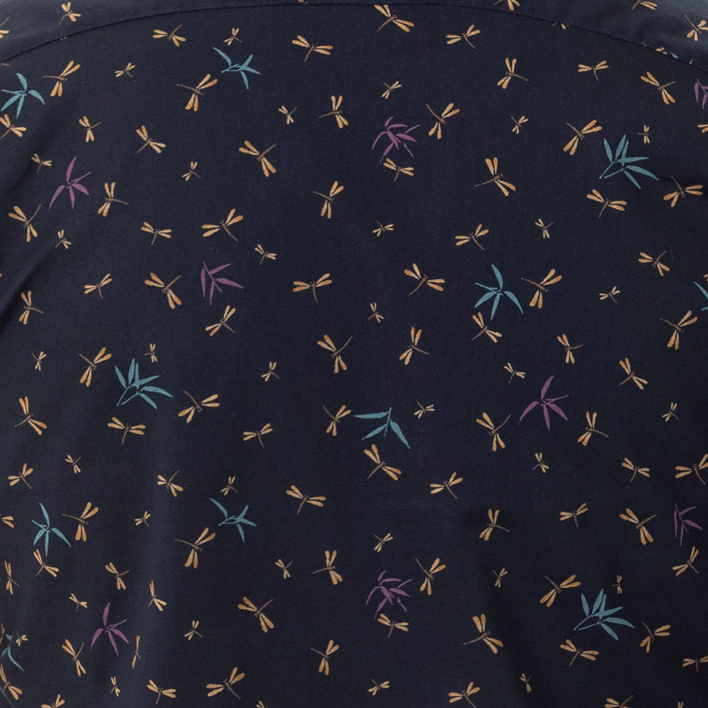 "PIERRE" - Navy Blue Japanese Dragonfly Print Short Sleeve Shirt - Made In USA