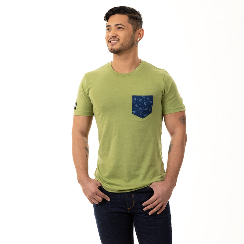 50% OFF AFTER CODE NEWFALL: Green Apple Heather With Japanese Indigo Floral Print Pocket Tee