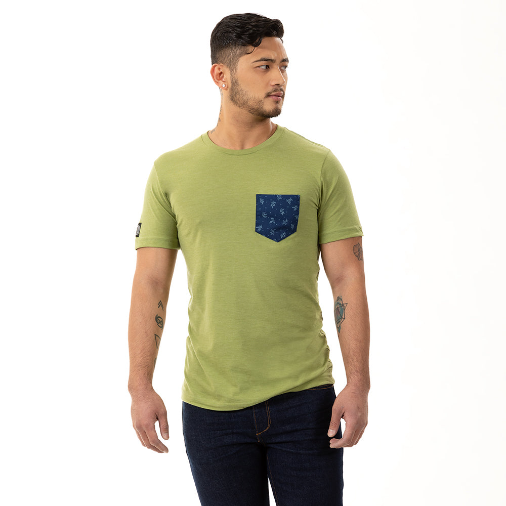 50% OFF AFTER CODE NEWFALL: Green Apple Heather With Japanese Indigo Floral Print Pocket Tee