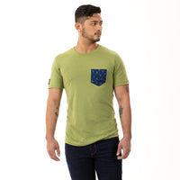 50% OFF AFTER CODE NEWFALL: Green Apple Heather With Japanese Indigo Floral Print Pocket Tee