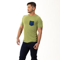 50% OFF AFTER CODE NEWFALL: Green Apple Heather With Japanese Indigo Floral Print Pocket Tee