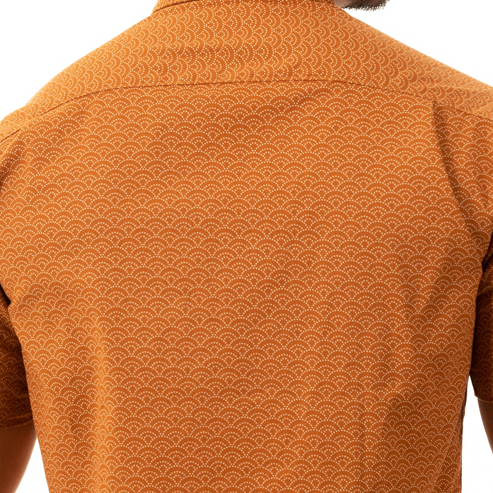 "MELVIN" - Orange Copper Wave Print Short Sleeve Shirt - Made In USA