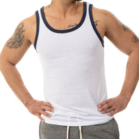 White & Navy Tri-Blend Varsity Tank Top - Made In USA