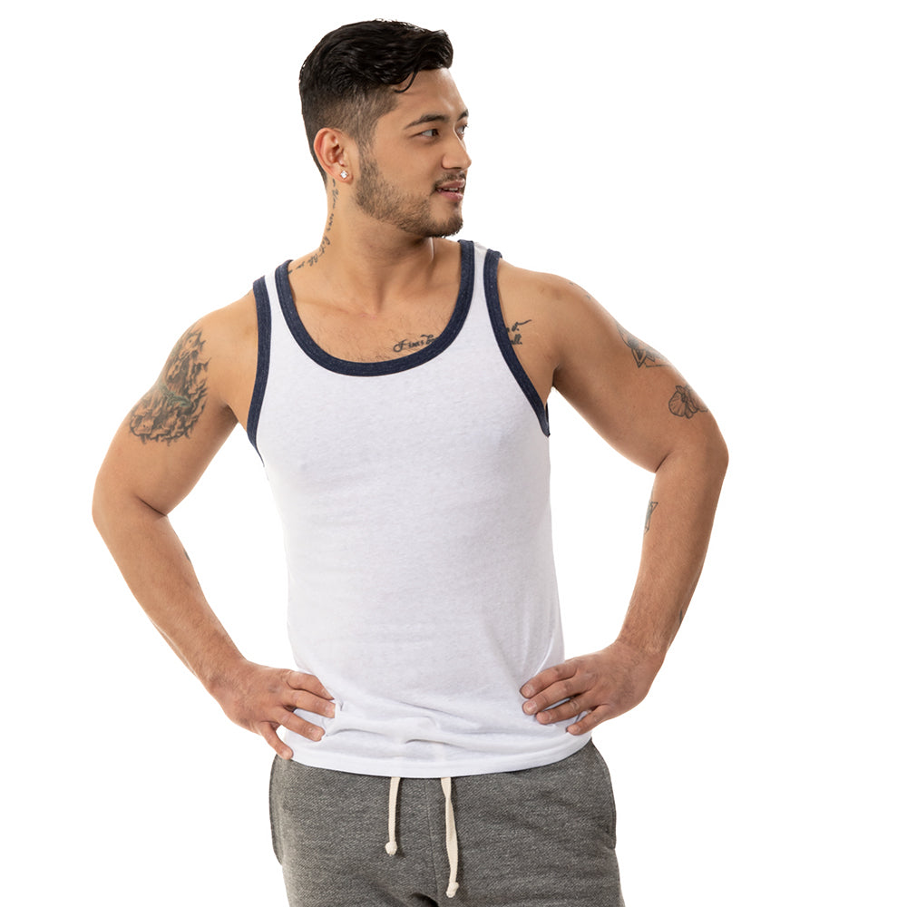 White & Navy Tri-Blend Varsity Tank Top - Made In USA