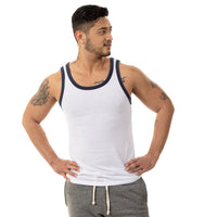 White & Navy Tri-Blend Varsity Tank Top - Made In USA