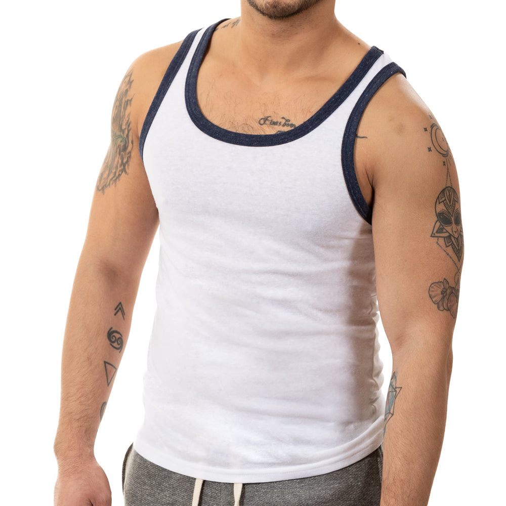 White & Navy Tri-Blend Varsity Tank Top - Made In USA
