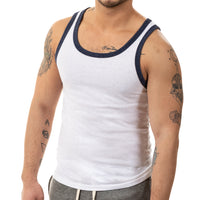 White & Navy Tri-Blend Varsity Tank Top - Made In USA