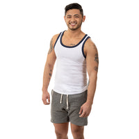 White & Navy Tri-Blend Varsity Tank Top - Made In USA