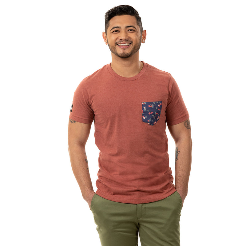 Clay Red With Cherry Print Pocket Tee