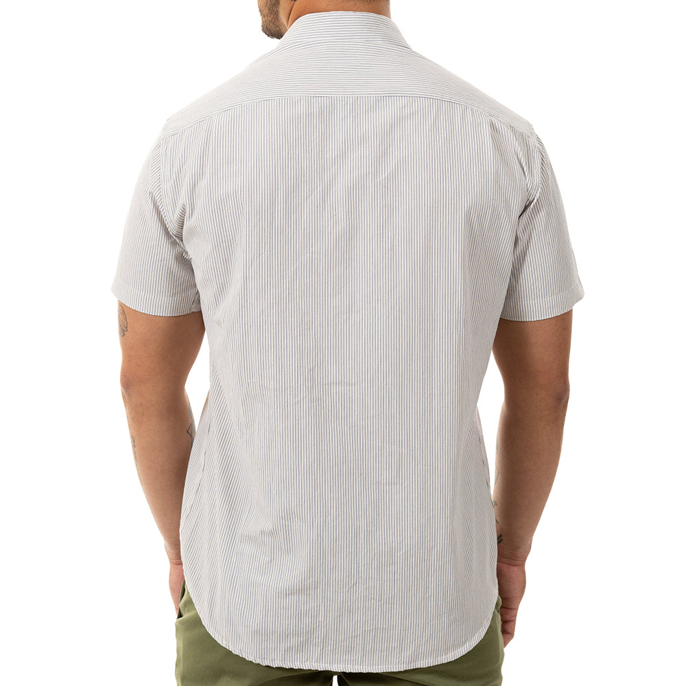 "FUZUKI" - Cream with Navy Japanese Pinstripe Short Sleeve Shirt - Made in USA