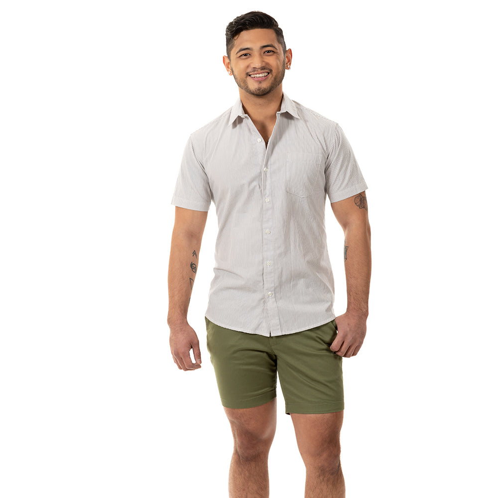 "FUZUKI" - Cream with Navy Japanese Pinstripe Short Sleeve Shirt - Made in USA