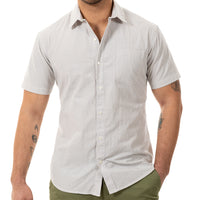 "FUZUKI" - Cream with Navy Japanese Pinstripe Short Sleeve Shirt - Made in USA