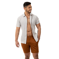 "FUZUKI" - Cream with Navy Japanese Pinstripe Short Sleeve Shirt - Made in USA