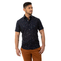 "PIERRE" - Navy Blue Japanese Dragonfly Print Short Sleeve Shirt - Made In USA