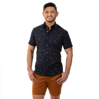 "PIERRE" - Navy Blue Japanese Dragonfly Print Short Sleeve Shirt - Made In USA