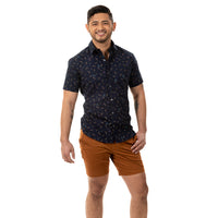 "PIERRE" - Navy Blue Japanese Dragonfly Print Short Sleeve Shirt - Made In USA