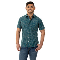 "TEDDY" - Teal Green  Japanese Dragonfly Print Short Sleeve Shirt - Made In USA