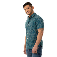 "TEDDY" - Teal Green  Japanese Dragonfly Print Short Sleeve Shirt - Made In USA