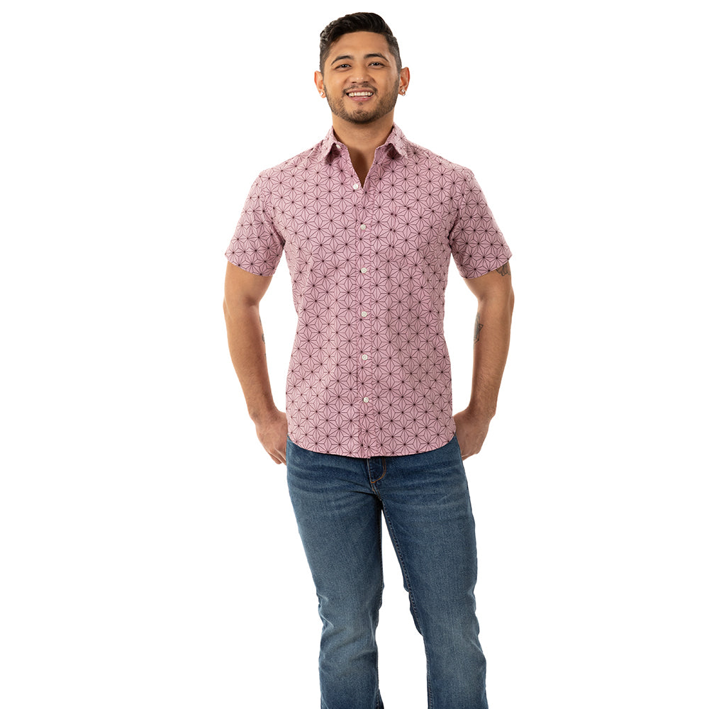 "KNIGHT" - Pink Traditional Japanese Geometric Floral Print Short Sleeve Shirt - Made in USA