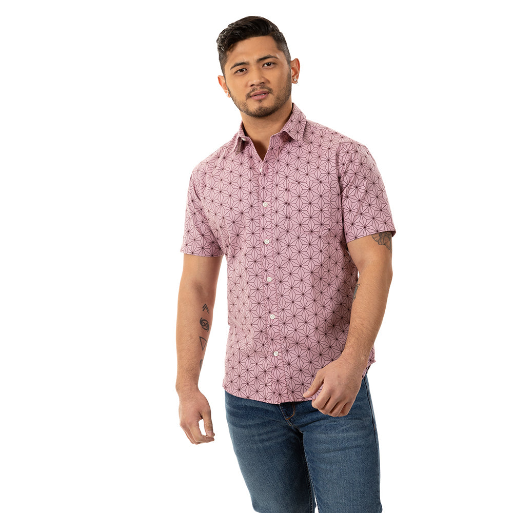 "KNIGHT" - Pink Traditional Japanese Geometric Floral Print Short Sleeve Shirt - Made in USA