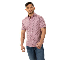 "KNIGHT" - Pink Traditional Japanese Geometric Floral Print Short Sleeve Shirt - Made in USA