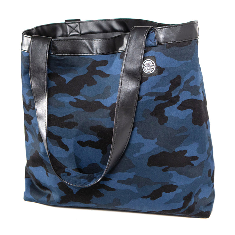 Black 'Faux' Leather & Blue Camouflage Reversible Tote Bag