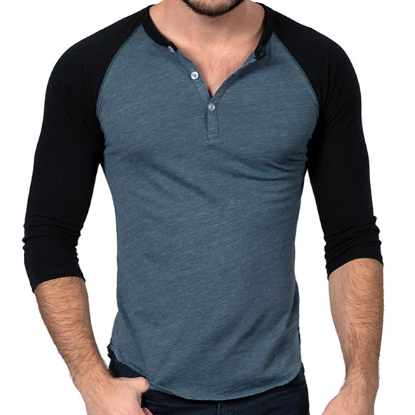 Steel Blue &amp; Black Contrast 3/4 Raglan Sleeve Tri-Blend Henley - Made In USA