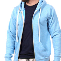 Sky Blue Heather Full Zip Hooded Tri-Blend Fleece Sweatshirt - Made in USA
