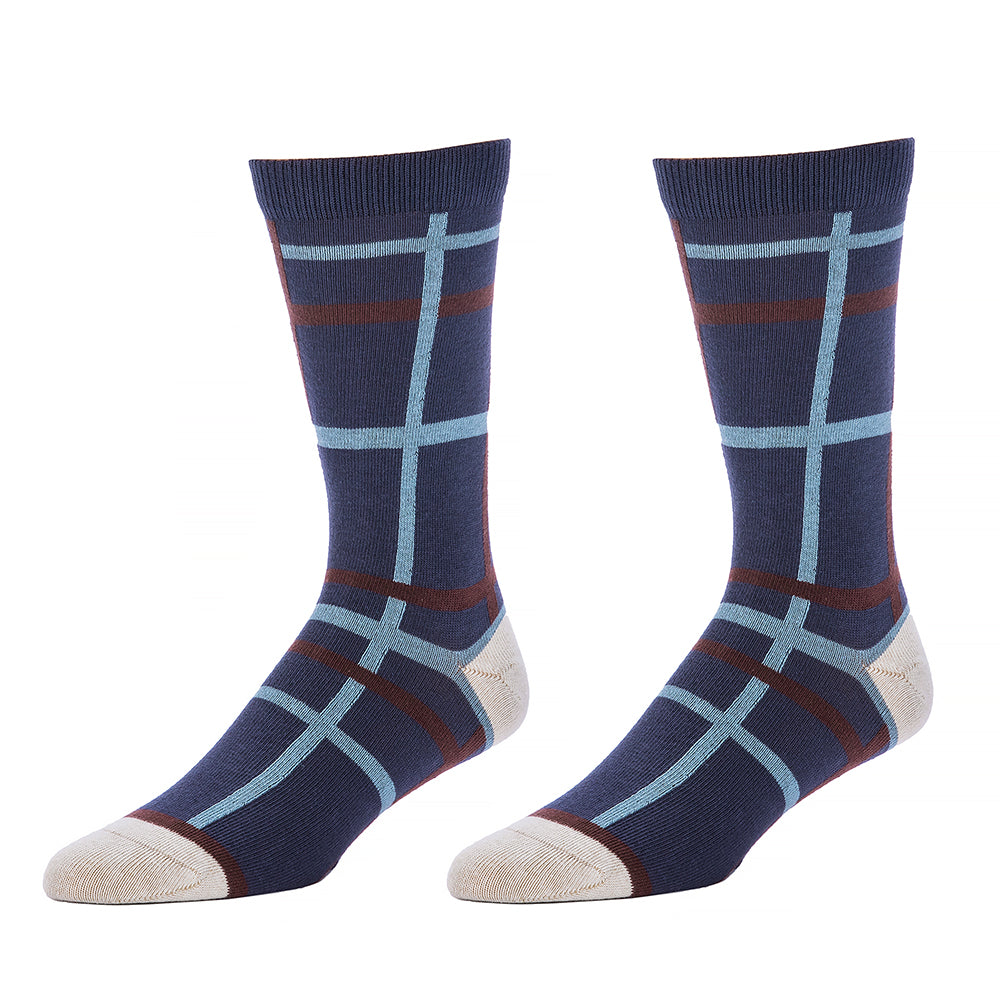 Indigo Blue, Ice Blue & Chocolate Open Windowpane Pattern Socks