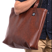 Walnut Brown 'Faux' Leather & Grey Denim Reversible Tote Bag
